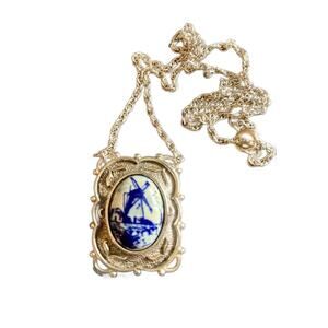 Estate Sarah Coventry Delft Porcelain Windmill Pendant Necklace, 18" Long